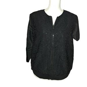 NIB- Isaac Mizrahi Live Black Quilted Lace Zip Jacket Rib Knit Trim -Medium